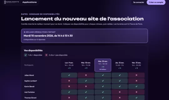 Page de réponse à un sondage Saperlipopette Dates, sans compte