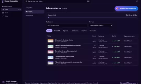 Liste des vidéos envoyées avec Saperlipopette View, avec le nombre de lectures