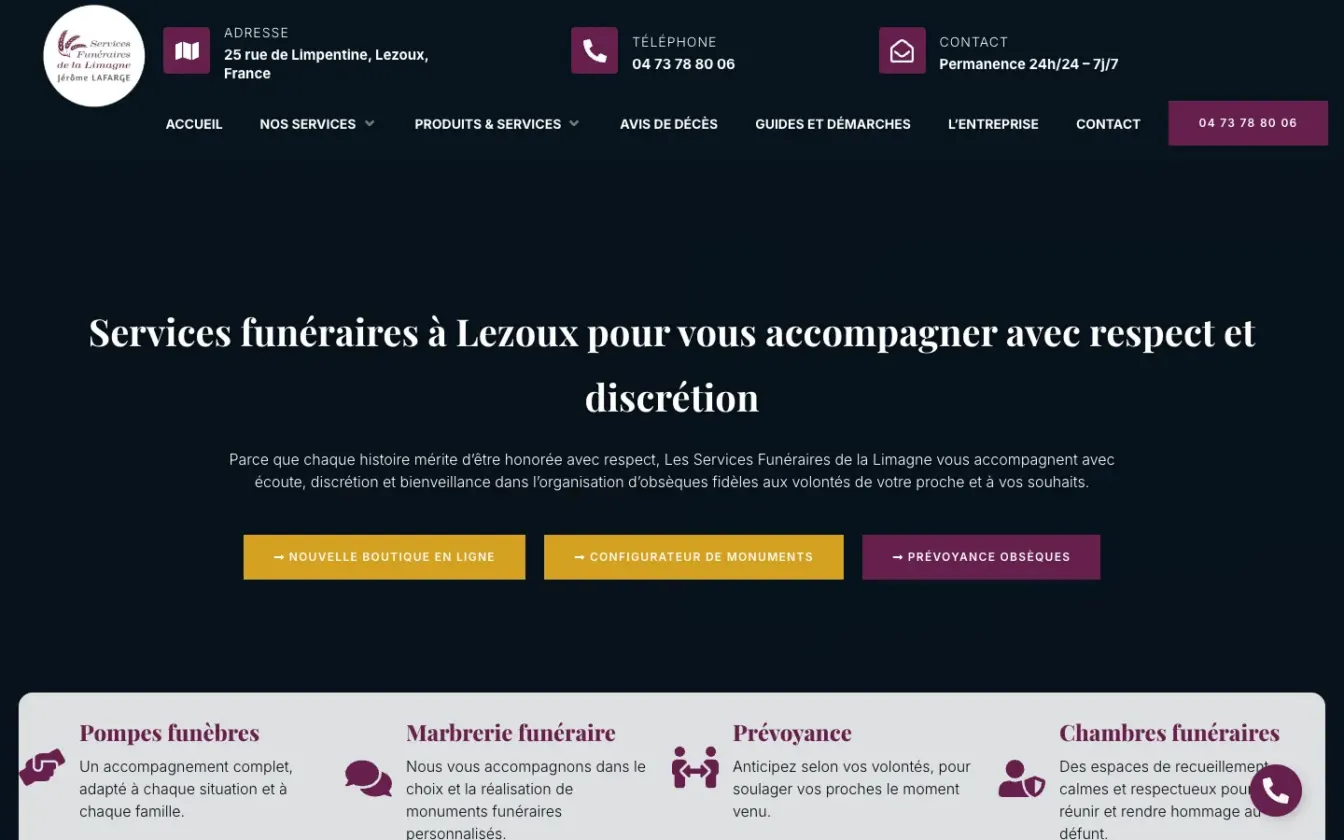 Page d'accueil du site de Pompes funèbres de la Limagne