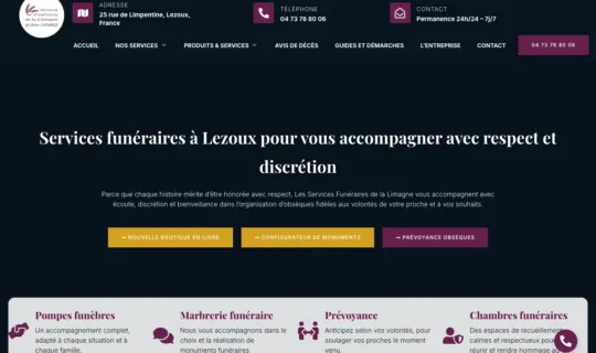 Page d'accueil du site de Pompes funèbres de la Limagne